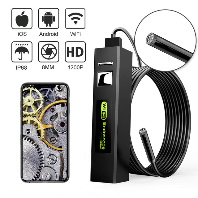 Endoscope 5 metres sans fil WiFi HD 1200P étanche IP68, objectif de 8MM, Rigide